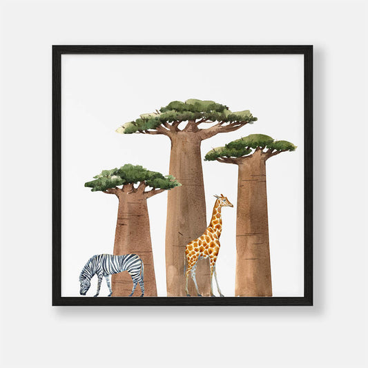 Afrikaanse Bomen met Zebra en Giraf - Dieren Poster