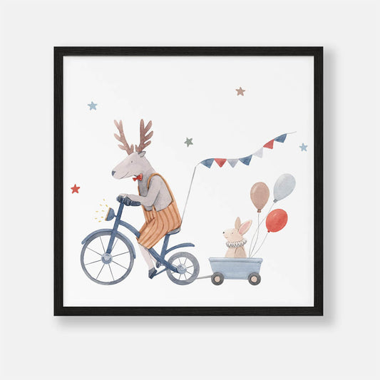 Hert op Fiets met Konijn en Luchtballonnen - Dieren Poster