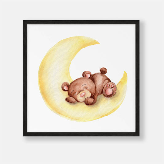 Kleine Teddybeer Slapend op de Gele Maan - Dieren Poster
