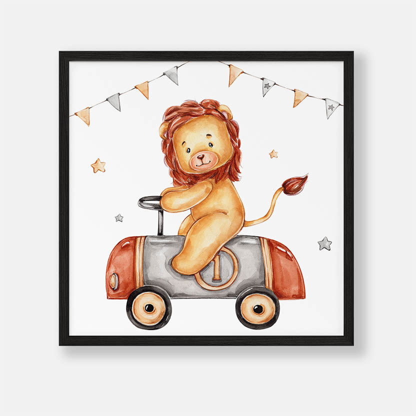 Leeuw in Retro Auto - Dieren Poster Kinderkamer