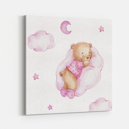 Slapend Teddybeer op Roze Wolk Kinderschilderij
