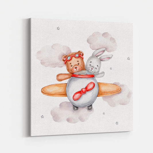 Teddybeer en Konijntje in een Vliegtuig Kinderschilderij
