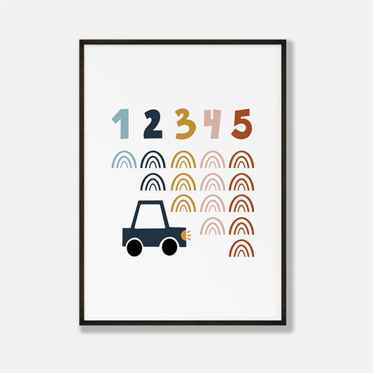 Auto met Nummers en Regenboogjes Poster