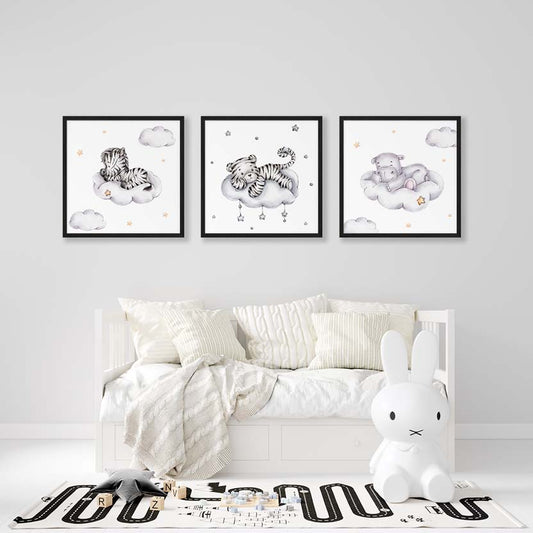 Poster Set Dieren - Zebra, Tijger en Nijlpaard op een Wolkje Babykamer