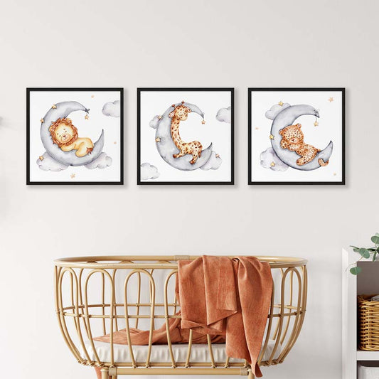 Poster Set Dieren - Leeuw, Giraf en Luipaard op de Maan Kinderkamer