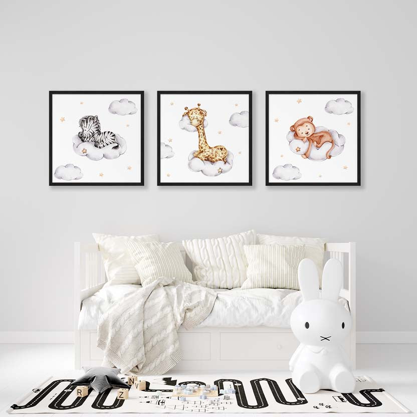 Poster Set Dieren - Zebra, Giraf en Aapje op een Wolkje