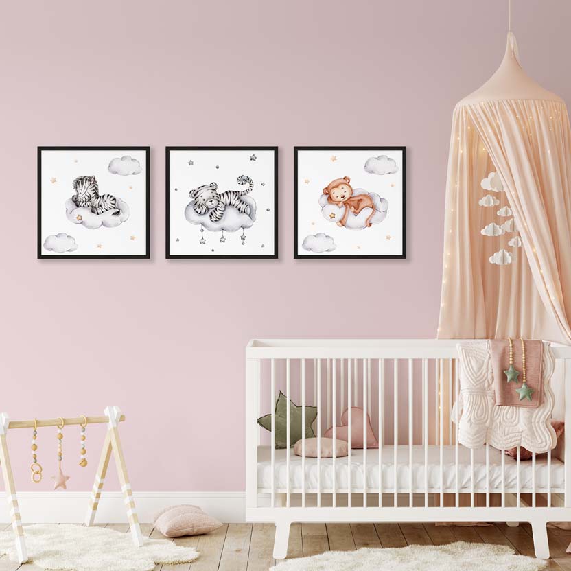 Poster Set Dieren - Zebra, Tijger en Aapje op een Wolkje Kinderkamer