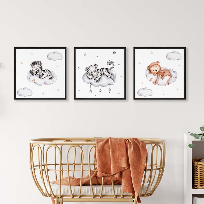 Poster Set Dieren - Zebra, Tijger en Aapje op een Wolkje Kinderkamer